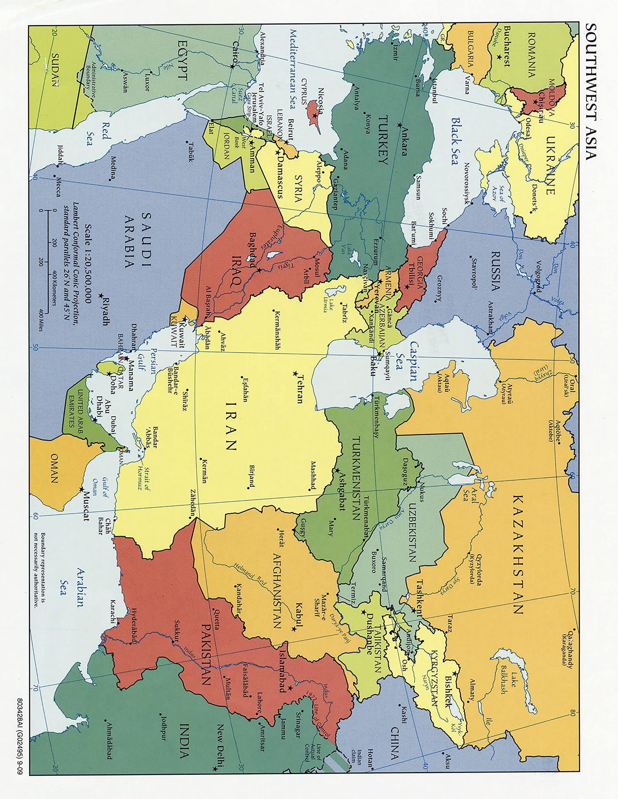 Poster: Large detailed political map of southwest asia with capitals ...