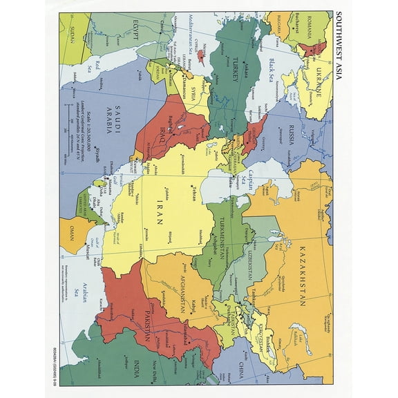 Poster: Large detailed political map of southwest asia with capitals and major cities