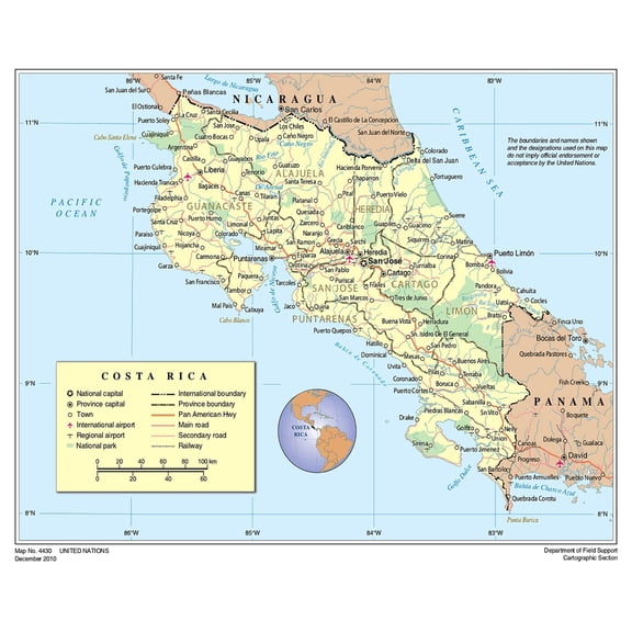 Poster: Large political and administrative map of costa rica with roads cities national parks and airports