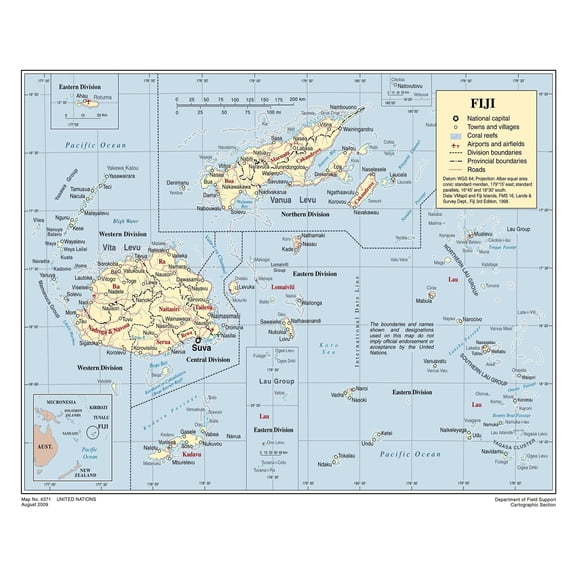 Poster: Large political and administrative map of fiji with roads cities and airports