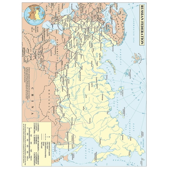 Poster: Large political map of russia with roads railroads and major cities
