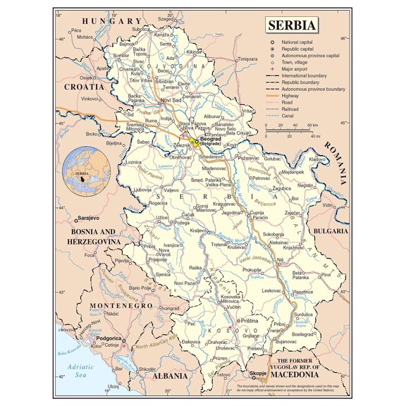 Poster: Large political map of serbia with roads railroads major cities and airports