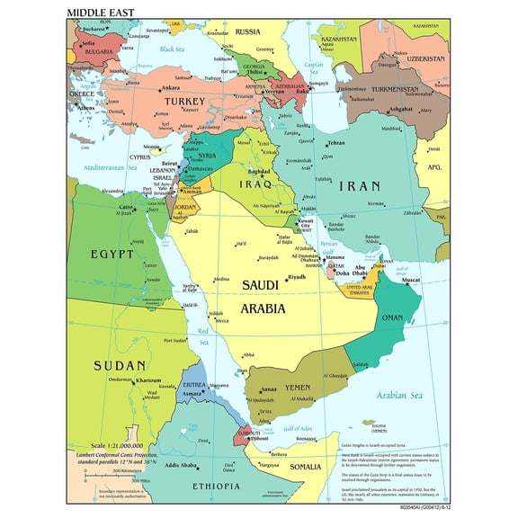 Poster: Large scale detailed political map of the middle east with major cities and capitals
