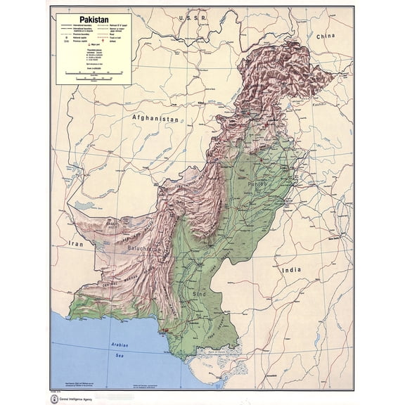 Poster: Large scale political and administrative map of pakistan with relief roads railroads cities ports and airports