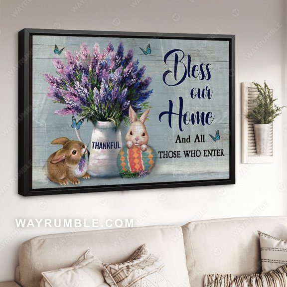 Poster Lavender vase, Cute rabbit, Colorful egg, Bless our home - Jesus Poster Prints, Christian Wall Art WINXIE DECOR - 12X18, UNFRAMED