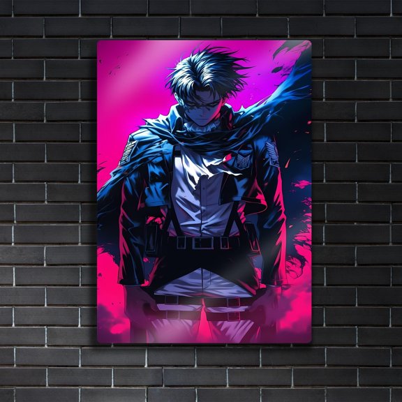 Poster Levi Ackerman Metal Art - Neon Pink Poster - Attack On Titan Anime - Rage Gift 16X24, UNFRAMED