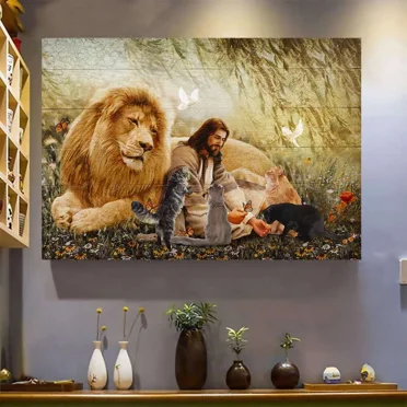 Poster Lion Jesus Christ With Cats, Wall Art, Unframed Prints For Home Or Office, Perfect Gift For Everyone, 8x12