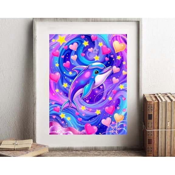 Poster Lisa Frank Inspired Print Kawaii Cosmic Dolphin Print Whimsical Fantasy Ocean Art Vibrant Cute Sea Life Illustration Dreamy Galaxy