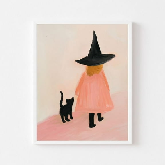 Kna Prints - Little Pink Witch Girl With Black Cat Painting Hocus Pocus Wall Art Print Girl'S Room Spooky Cute, UNFRAMED-8x12