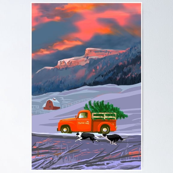 Poster Little Red Truck Hauling A Christmas Tree - No Framed, Vintage Wall Art, Trendy Retro Print, Positive Quote Poster, Room Decor, Wall Art, 12x18