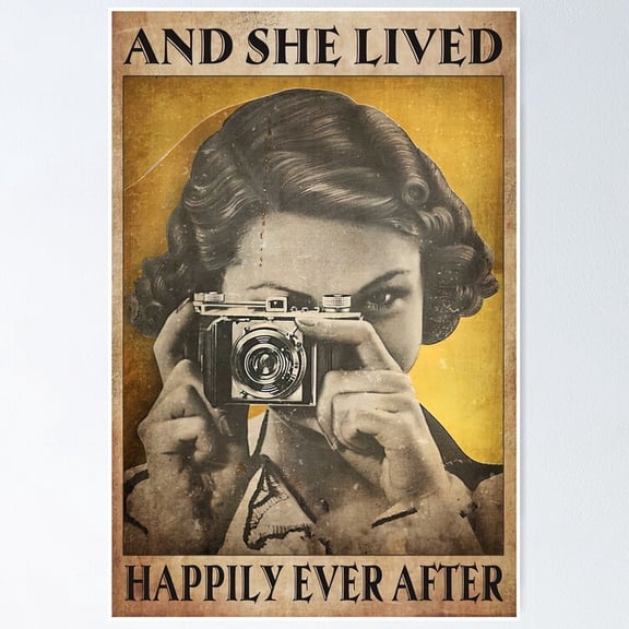 Poster And She Lived Happily Ever After Old Women Cameras - No Framed, Vintage Wall Art, Trendy Retro Print, Positive Quote Poster, Room Decor, Wall Art, 12x18