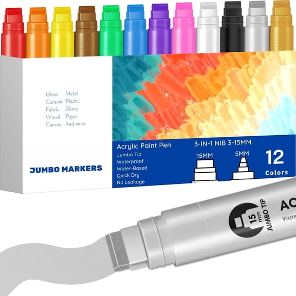 Poster Markers Set: 12 Colors Large 15mm Wide Tip Permanent Ink Thick Pens for Rock Painting, Stone, Glass, , Ceramic, Metal, Plastic, Fabric