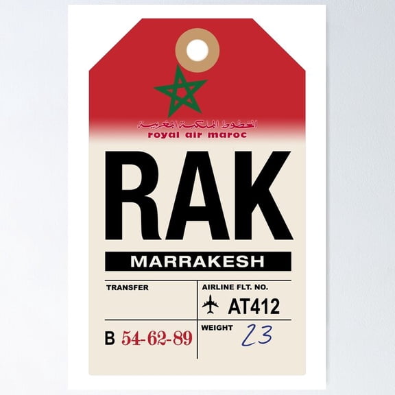 Poster Marrakesh (Rak) Morocco Airline Luggage Tag - No Framed, Vintage Wall Art, Trendy Retro Print, Positive Quote Poster, Room Decor, Wall Art, 12x18