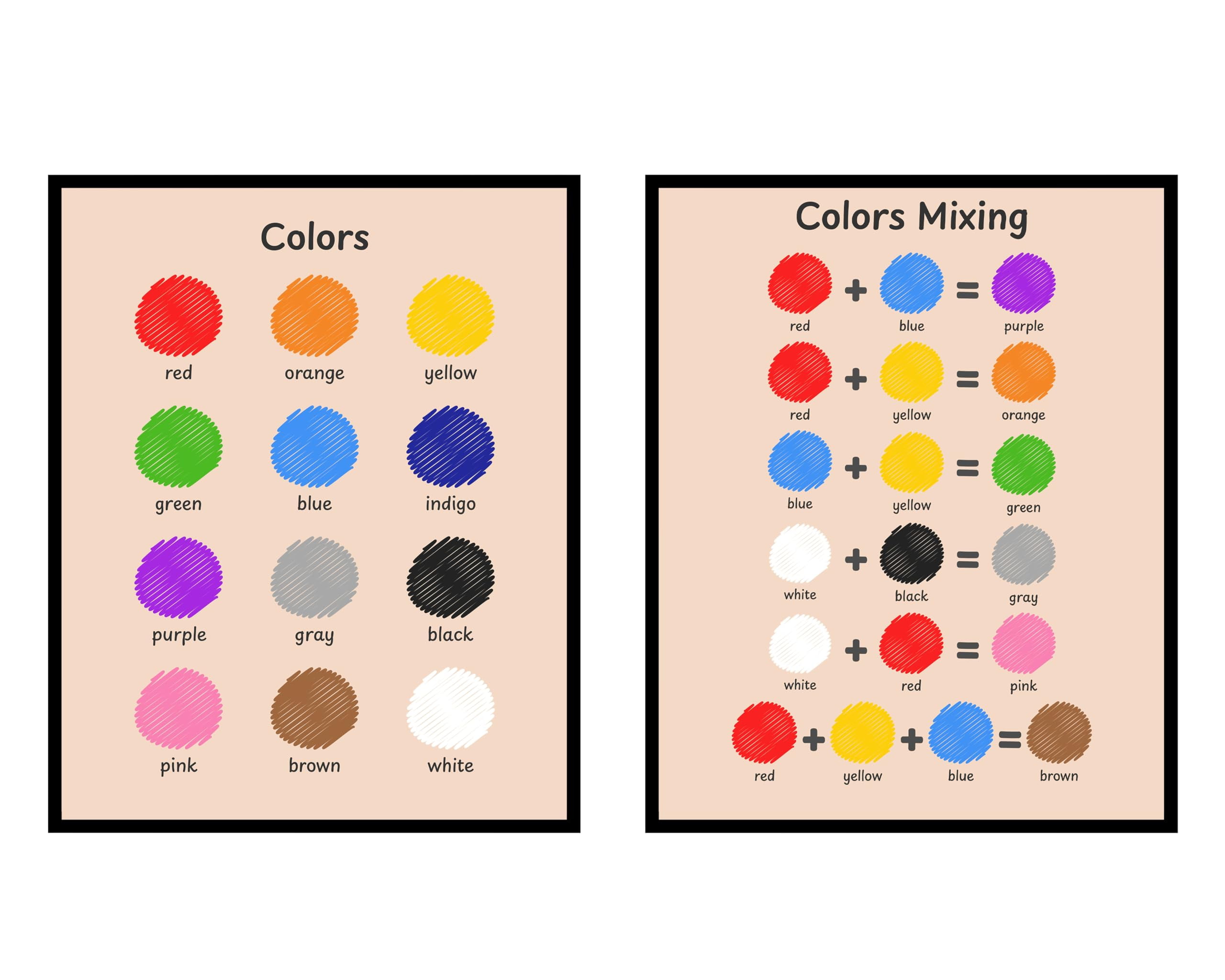 Poster Master 2Piece Colors Poster Colors Mixing Chart Print Learning Materials Art