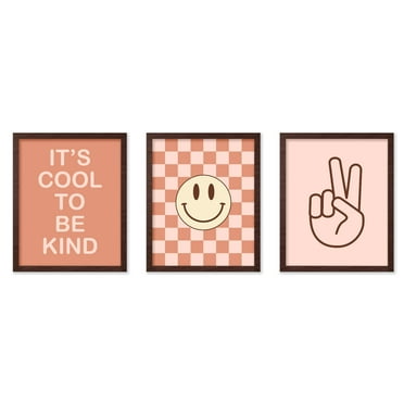 Poster Master 3-Piece It's Cool To Be Kind Poster - Checkered Smiley Print - Peace Sign Art - Trendy Art - Modern Art - Gift for Men & Women - Decor for Bedroom or Kid's Room, 8x10 Brown Framed