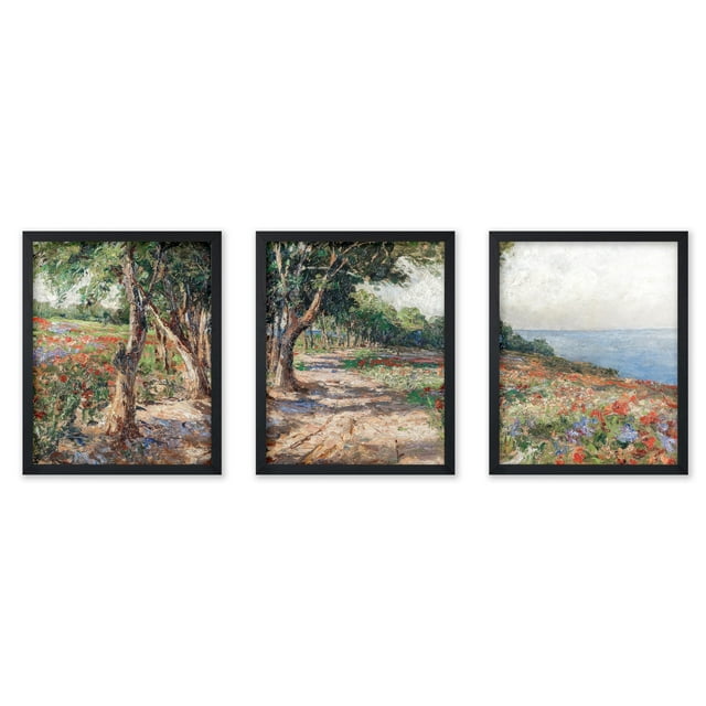 Poster Master 3-Piece Vintage Illustration Poster - Retro Coastal Print - Gift for Artist, Friend - Blooming Poppies, Spring Meadow, Landscape, Floral - Wall Decor for Home, 11x14 Black Framed