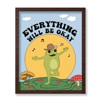 Poster Master Everything Will Be Okay Poster - Retro Dancing Frogs Print - Mushroom Art - Preppy Art - Music Art - Positive Quotes Art - Inspiring Dorm or Living Room Decor, 8x10 Brown Framed