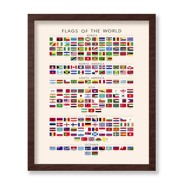 Poster Master Flags of the World Poster - Educational Print - Learning Materials Art - Flag Art - Gift for Kids, Students & Teacher - Decor for Playroom, Classroom or Library, 11x14 Brown Framed
