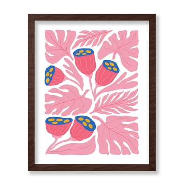 Poster Master Fruit Poster - Retro Pink Monstera Leaves Print - Modern Art - Groovy Abstract Art - Chic Boho Art - Tropical Art - Aesthetic Living Room or Office Wall Decor, 8x10 Brown Framed