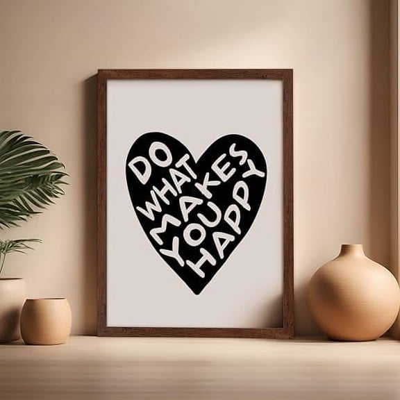 Poster Master Do What Makes You Happy Poster - Retro Black Heart Print - Love Art - Encouraging Art - Positive Quotes Art - Happiness Art - Inspiring Bedroom or Office Decor, 16x20 Brown Framed