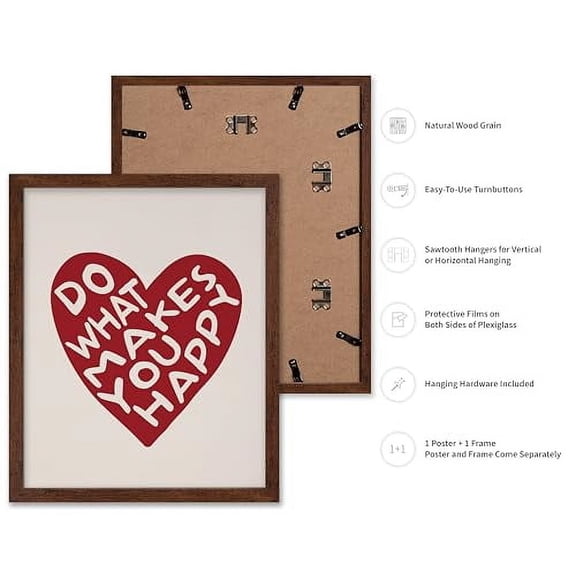 Poster Master Do What Makes You Happy Poster - Retro Heart Print - Love Art - Encouraging Art - Positive Quotes Art - Happiness Art - Inspiring Living Room or Office Decor, 16x20 Brown Framed