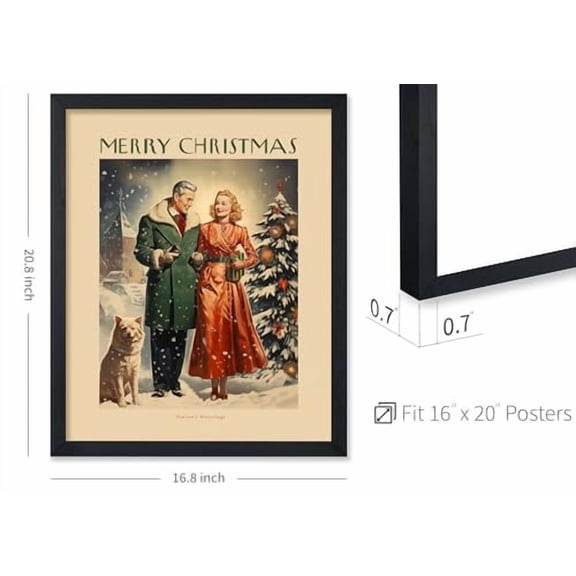 Poster Master Merry Christmas Poster - Couple with Dog Print - Christmas Art - Holiday Art - Winter Art - Gift for Men, Women & Lovers - Romantic Decor for Bedroom or Dorm, 16x20 Black Framed