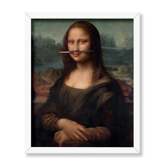 Poster Master Mona Lisa Poster - Paint Brush On The Lips Print - Altered Art - Trendy Art - Modern Art - Gift for Men & Women - Funny Decor for Living Room, Bedroom or Office, 11x14 White Framed