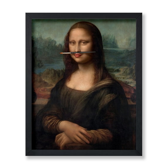 Poster Master Mona Lisa Poster - Paint Brush On The Lips Print - Altered Art - Trendy Art - Modern Art - Gift for Men & Women - Funny Decor for Living Room, Bedroom or Office, 16x20 Black Framed