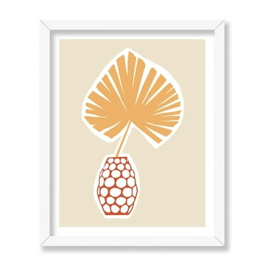 Poster Master Palm Leaf Poster - Retro Flower Vase Print - Floral Art - Abstract Art - Groovy Botanical Art - Chic Boho Art - Aesthetic Art - Living Room or Office Wall Decor, 8x10 White Framed