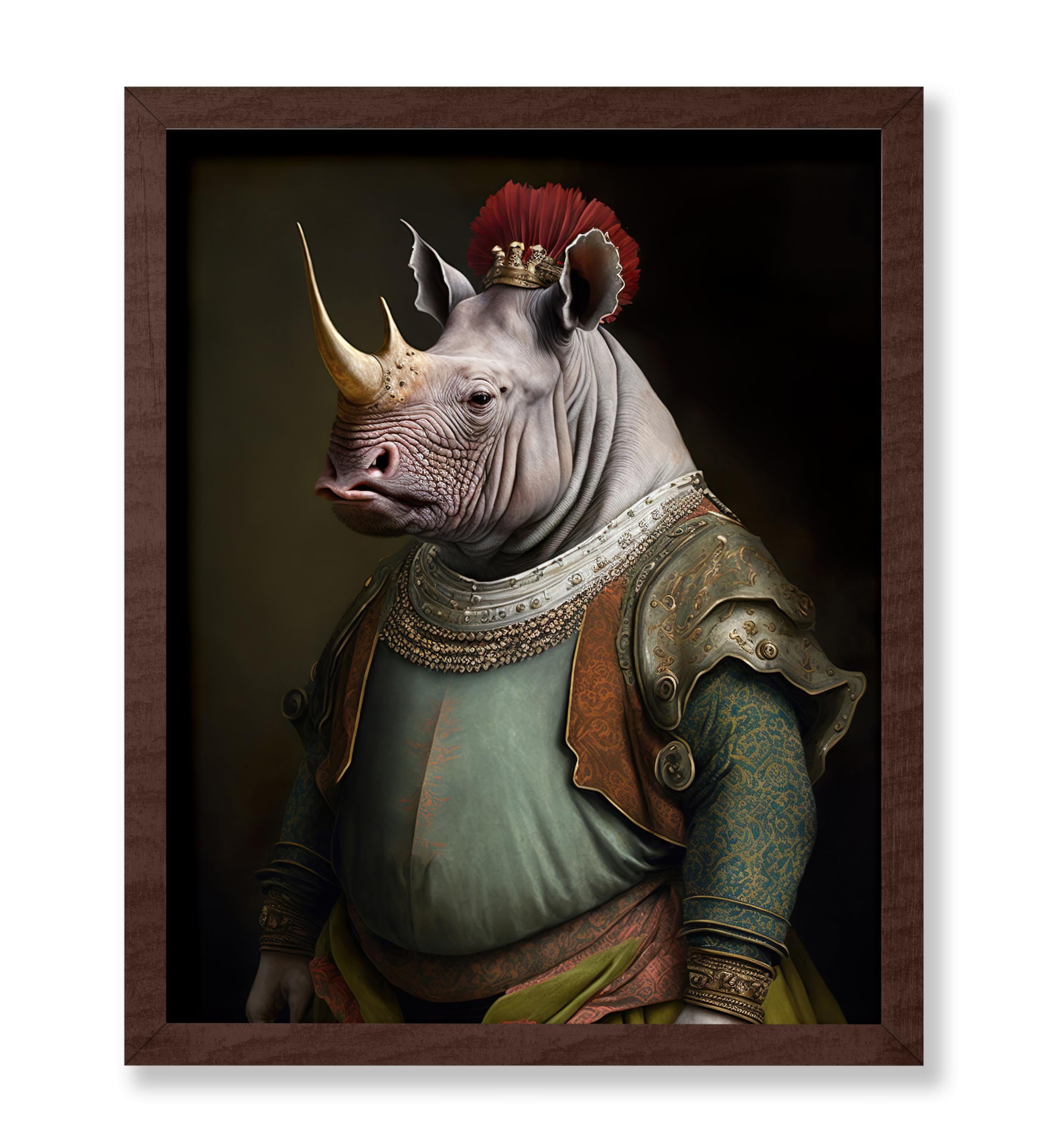 Aristocratic Rhino Renaissance Portrait in Brown Frame, 8x10