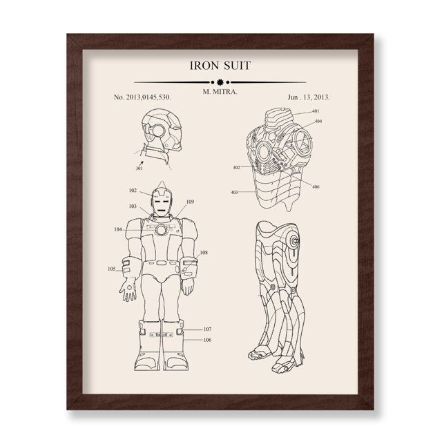 Poster Master Superhero Blueprint Poster - Superhero Suit Patent Print - Comic Book Art - Fantasy Art - Armored Robot Art - Weapon Art - Great Playroom or Kid's Room Decor, 8x10 Brown Framed