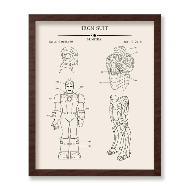 Poster Master Superhero Blueprint Poster - Superhero Suit Patent Print - Comic Book Art - Fantasy Art - Armored Robot Art - Weapon Art - Great Playroom or Kid's Room Decor, 8x10 Brown Framed