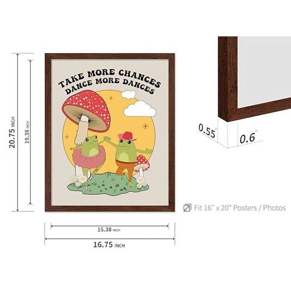 Poster Master Take More Chances Poster - Retro Dancing Frogs Print - Dance Art - Encouraging Art - Mushroom Art - Preppy Art - Trendy Art - Inspiring Dorm or Bedroom Decor, 16x20 Brown Framed