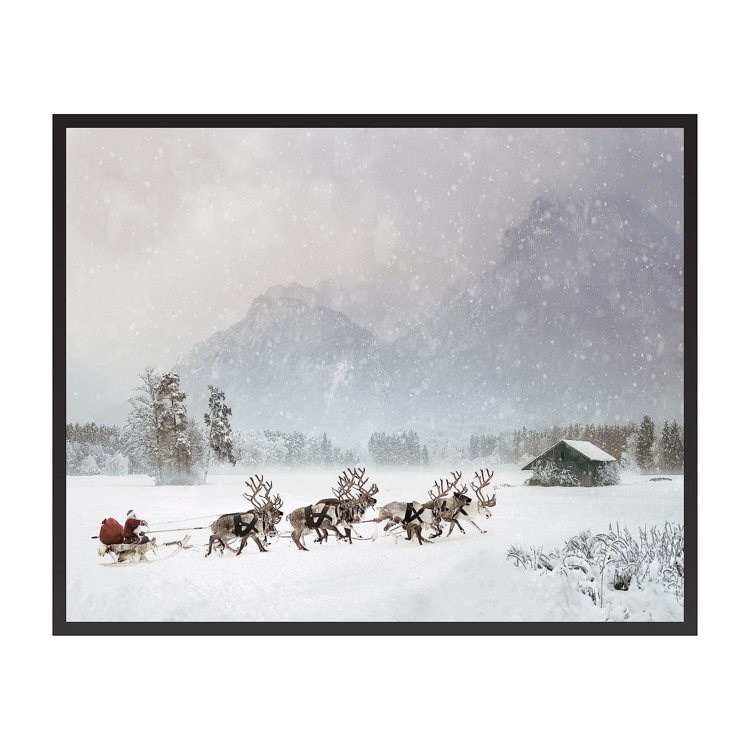 vintage canvas print, old style santa and reindeer canvas wall art framed  11x14