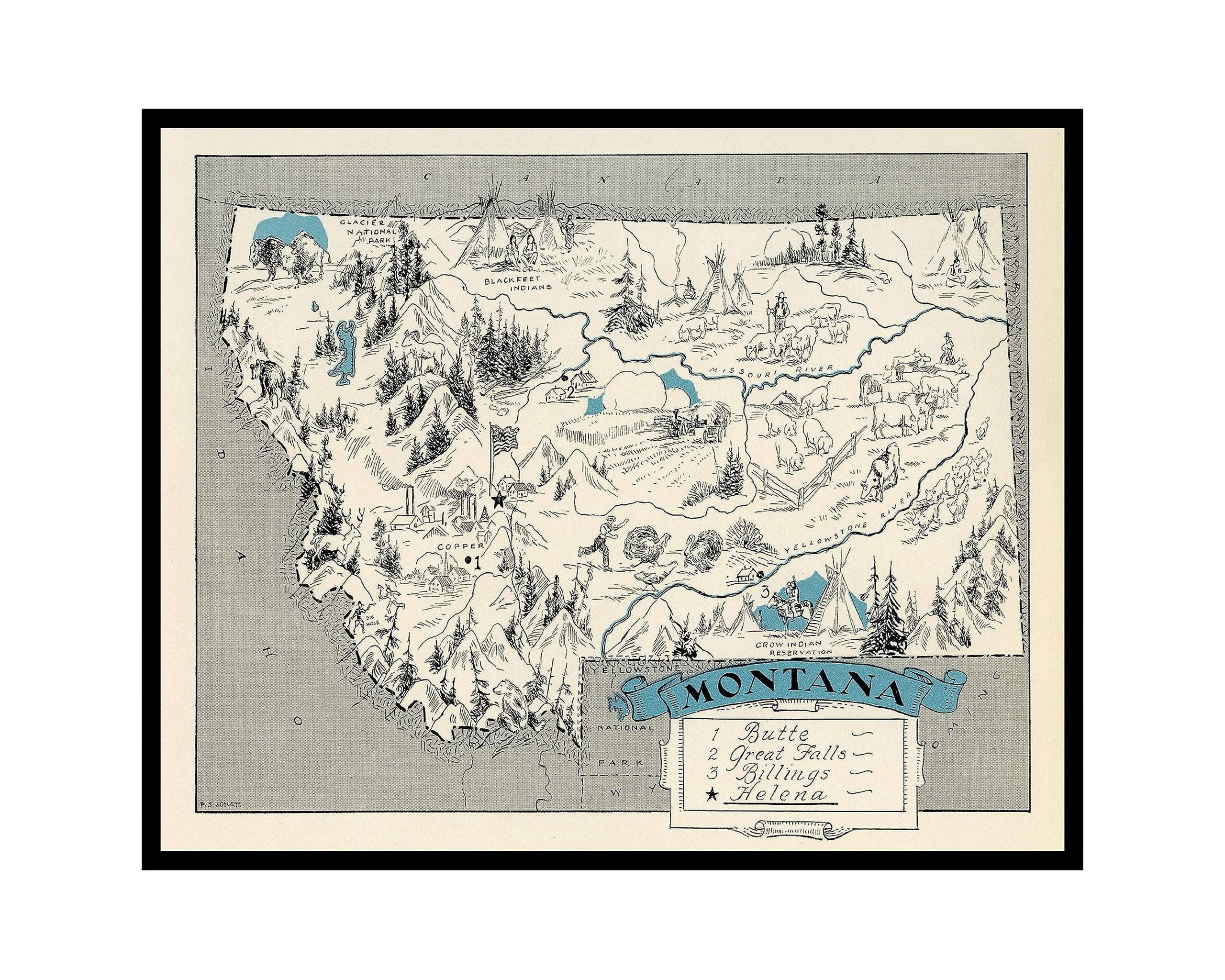 Poster Master Vintage Map Poster - Retro Montana Map Print - Montana ...