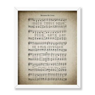 Poster Master Vintage Music Sheet Poster - Retro Hymnal Print - Gift for Musician, Friend - Because He Lives, Hymn, Verse, Inspirational - Wall Decor for Home, Living Room, 8x10 White Framed