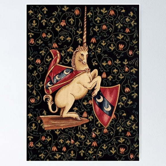 Poster Medieval Unicorn Midnight Floral Tapestry - No Framed, Vintage Wall Art, Trendy Retro Print, Positive Quote Poster, Room Decor, Wall Art, 24x36