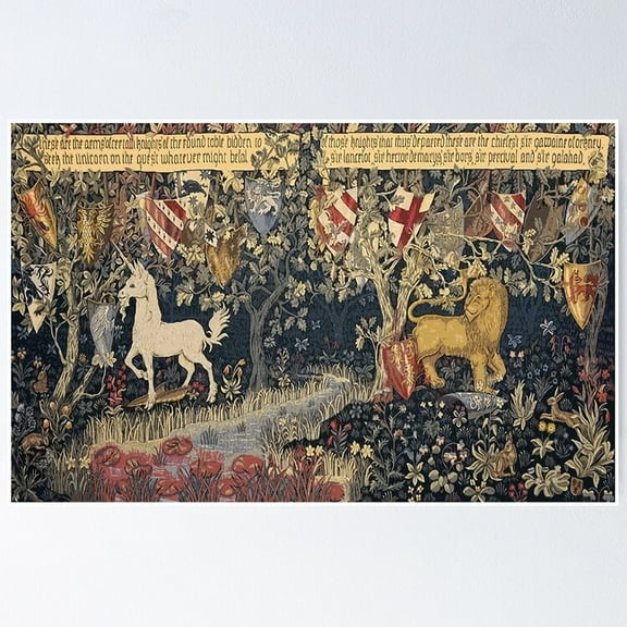 Poster Medieval Unicorn Midnight Floral Tapestry - No Framed, Vintage Wall Art, Trendy Retro Print, Positive Quote Poster, Room Decor, Wall Art, 24x36
