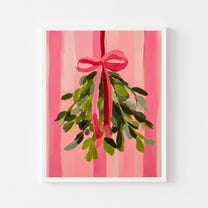 Kna Prints - Mistletoe With Red Bow Painting Pink Wall Art Print Girly Retro Holiday Vintage Festive Stripes For Home Decor, Living Room, Bedroom, Office, UNFRAMED-8x12