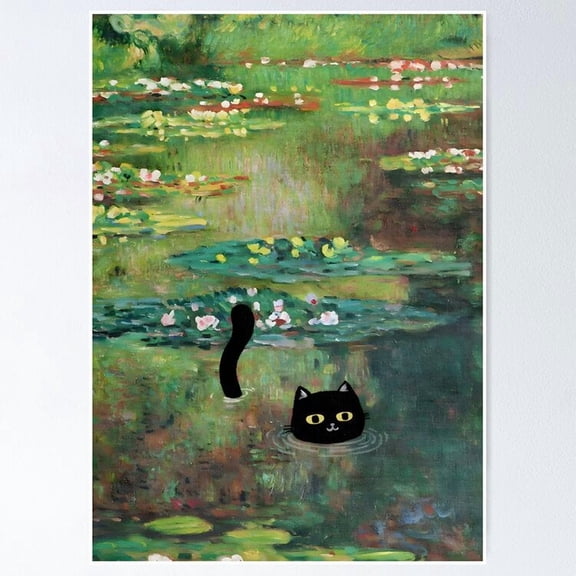Poster Monet Waterlily Cat Vintage Wall Arttrendy Retro Print Positive Quote Poster Room Decor Wall Art, Poster Only