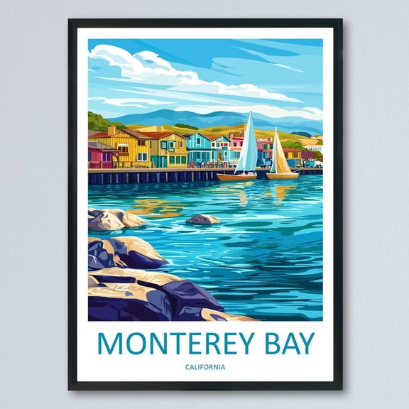 Poster Monterey Bay Travel Poster California Wall Art Coastal View Oceanfront Illustration Cannery Row Decor Monterey Gift Souvenir