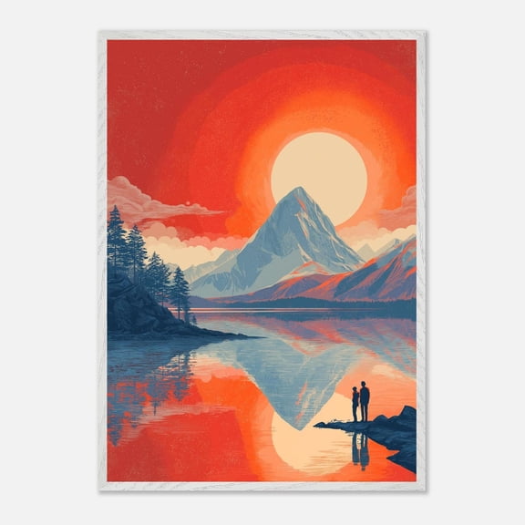 Poster Mountain Landscape With Lake In Red Blue Yellow Sunrise Lake With Reflection Outdoor Nature Poster Pop Art, Poster Only