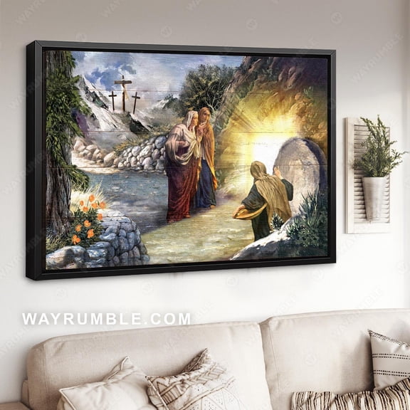 Poster Mountain landscape, Cave, Cross light from heaven - Jesus Poster Prints, Christian Wall Art WINXIE DECOR - 8X12, UNFRAMED