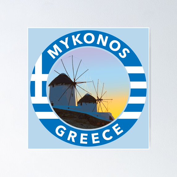Poster Mykonos, Greece Round Emblem - No Framed, Vintage Wall Art, Trendy Retro Print, Positive Quote Poster, Room Decor, Wall Art, 8x12