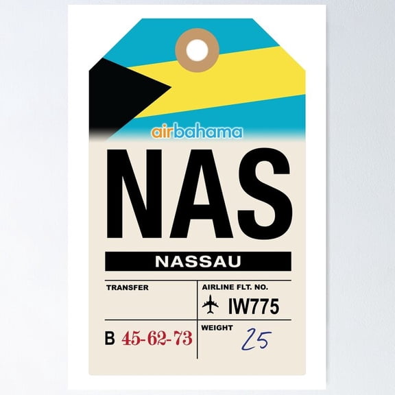Poster Nassau (Nas) Bahamas Airline Luggage Tag - No Framed, Vintage Wall Art, Trendy Retro Print, Positive Quote Poster, Room Decor, Wall Art, 8x12