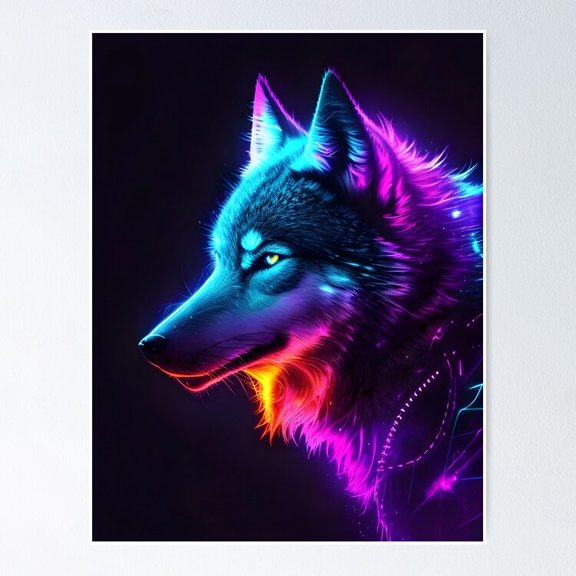 Poster Neon Wolf - No Framed, Vintage Wall Art, Trendy Retro Print, Positive Quote Poster, Room Decor, Wall Art, 24x36