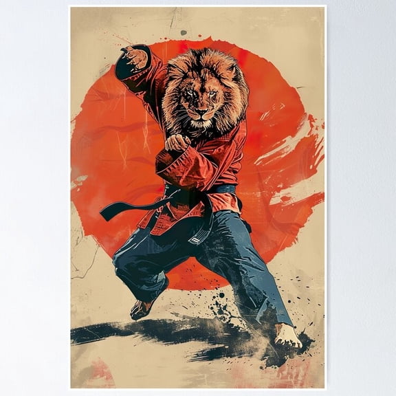 Poster Ninja Lion Throwing A Karate Kick - No Framed, Vintage Wall Art, Trendy Retro Print, Positive Quote Poster, Room Decor, Wall Art, 8x12
