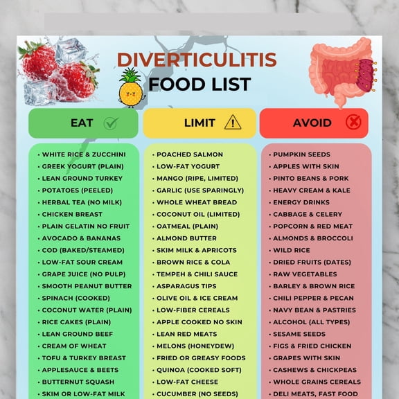 Poster Of Food List For Diverticulitis, Posters Of Foods To Eat And Avoid With Diverticulitis, Posters Of Low Fiber Grocery List (2)