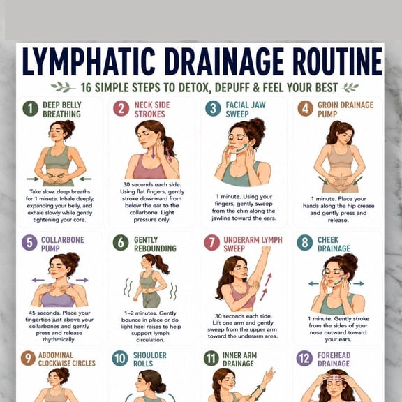 Poster Of Lymphatic Drainage Chart, Lymphatic Self Massage And Detoxification Poster, Gentle Circulation Exercise Poster (2)
