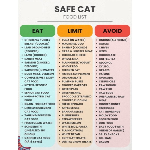 Poster Of Safe Cat Food List, Chart Poster Of What Cats Can Eat, Poster Of Cat Diet Guide To Avoid Dietary Restrictions, Poster